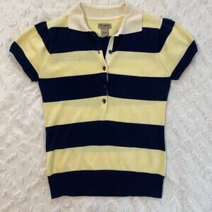 VTG Rugby Striped Polo Shirt Womens Size Small Butter Yellow Navy Sporty Preppy